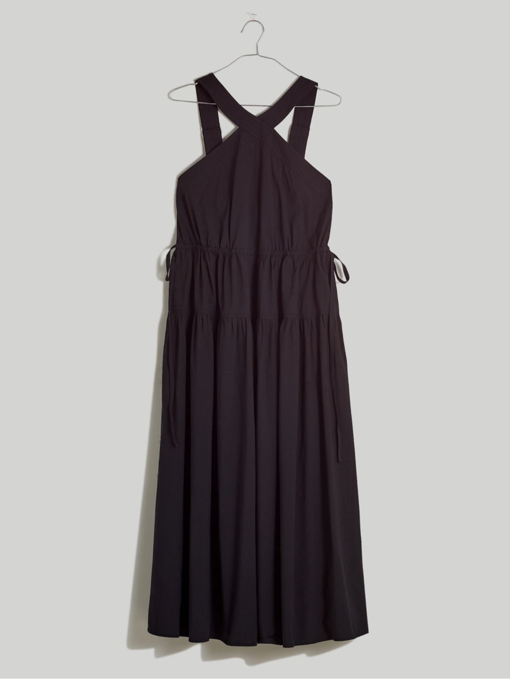 Madewell Black Poplin Halter Tiered Midi Dress In True Black